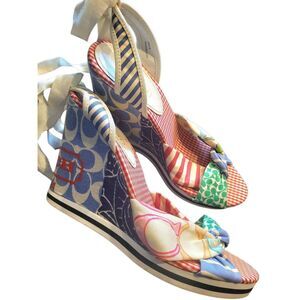 Coach Tammie Wedge Shoes Women's 8.5 Patchwork Multicolor Vintage Y2K Ribbon